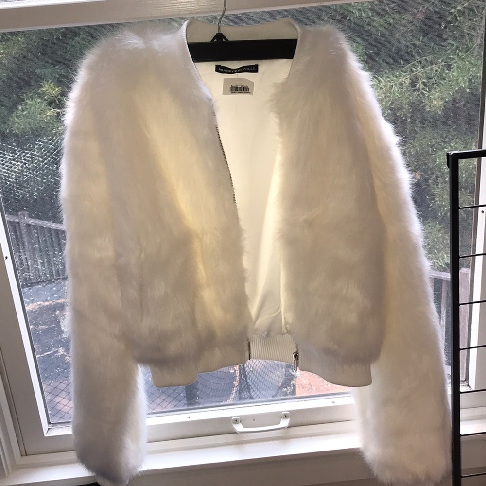 Brandy Melville White Fuzzy Bomber Jacket